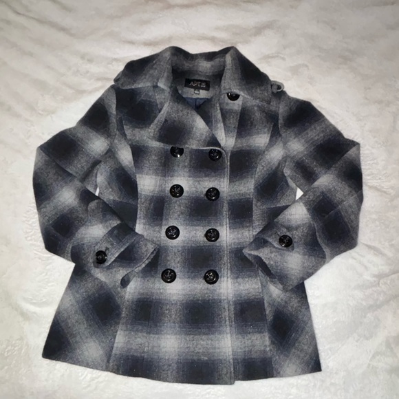 APT9 grey, black, white plaid PEA COAT size L - Picture 3 of 7